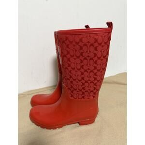 Coach Rain Boots Womens Size 11 Red Signature Logo Rubber Mid Calf Waterproof